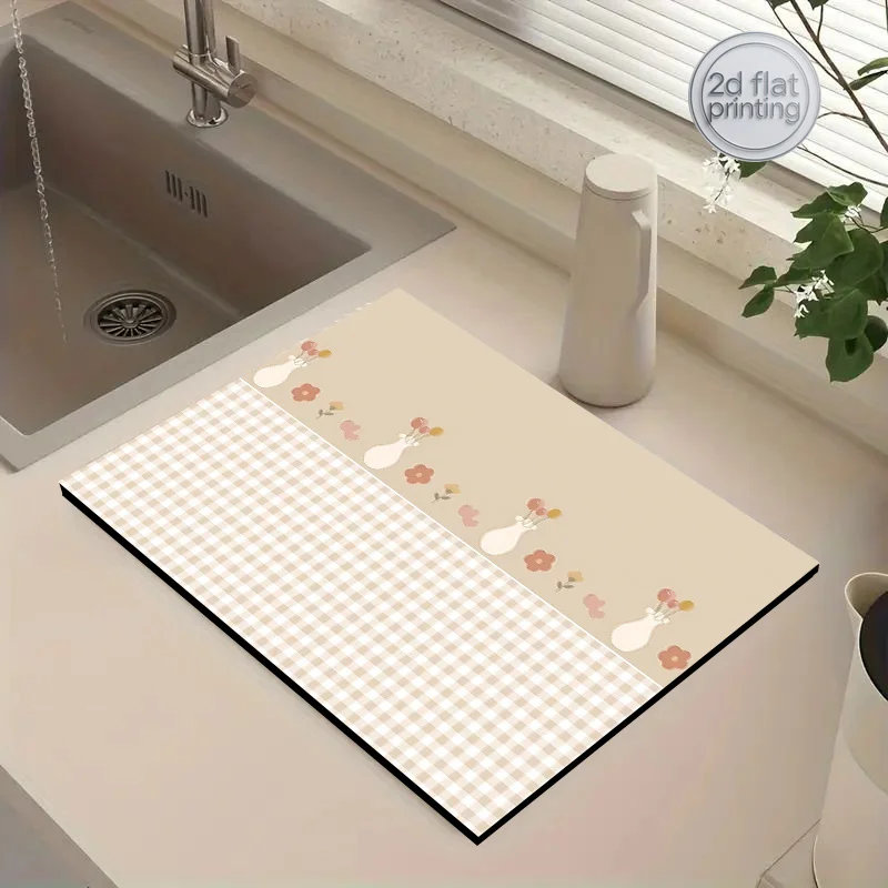 1pc Kitchen Drain Mat, Minimalist Floral Pattern Dish Drying Mat, Washing Machine Dust Cover Pad, Coffee Machine Mat, Sink Splas