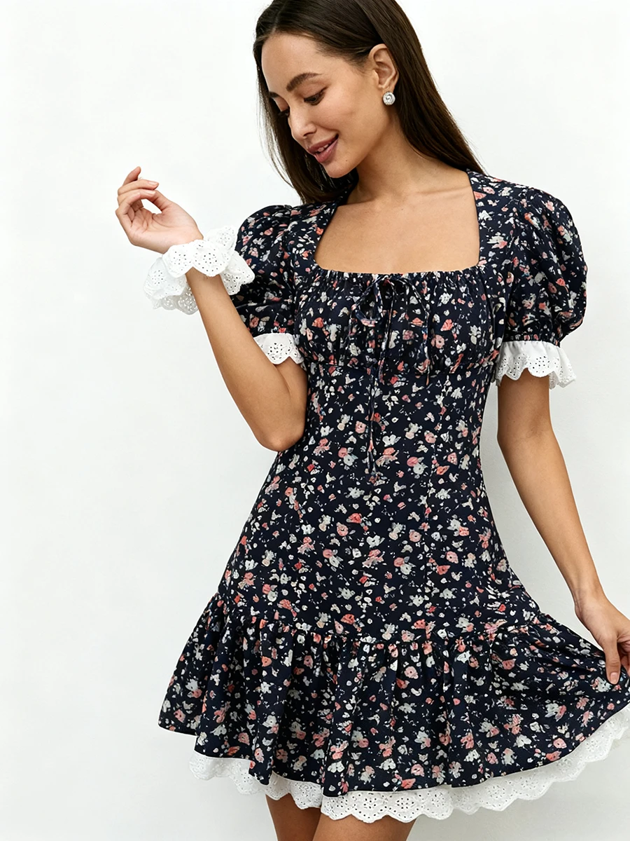

Французское шикарное темно-синее мини-платье с оборками, женское кружевное лоскутное платье с цветочным принтом и коротким рукавом, сексуальные женские летние каникулы, новые платья