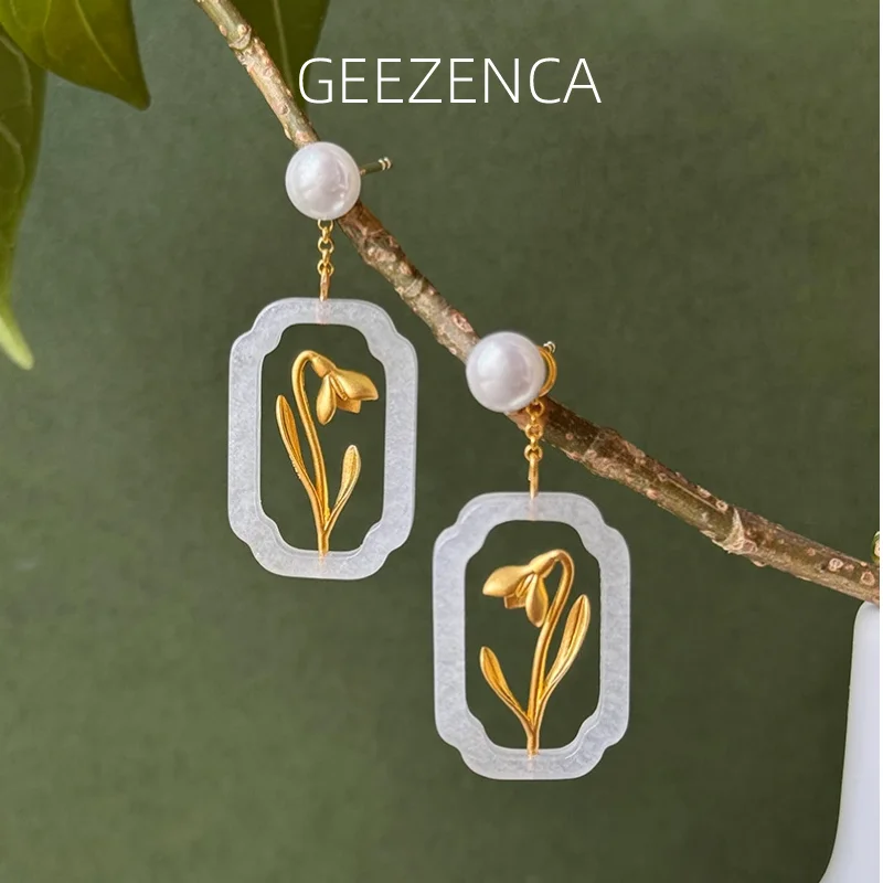 GEEZENCA Green White Stone Window Charm S925 Silver Flower Pearl Drop Earrings Women Dainty Elegant Statement Earring Party Gift