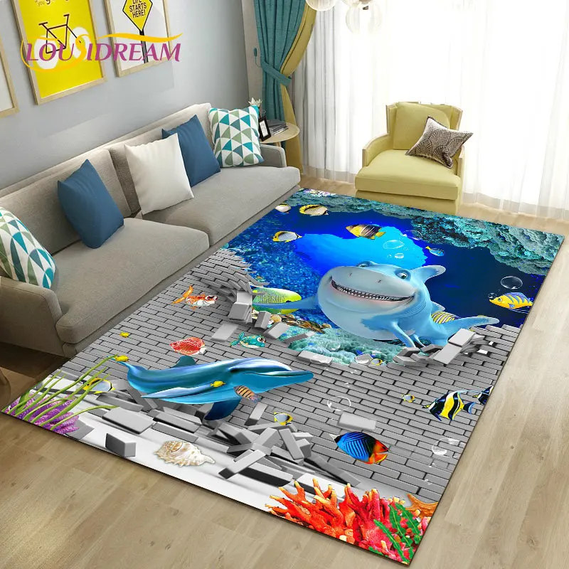 ثلاثية الأبعاد الوهم تحت الماء العالم قاع البحر دولفين القرش منطقة البساط ، السجاد البساط لغرفة المعيشة غرفة نوم أريكة ممسحة عدم الانزلاق الكلمة حصيرة
