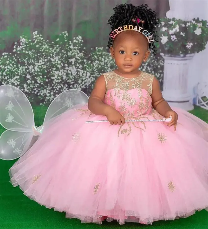 

Pink Flower Girl Dresses Sheer Neck Ball Gown Little Princess Dresses Birthday Pageant Party Gowns Child1-14T