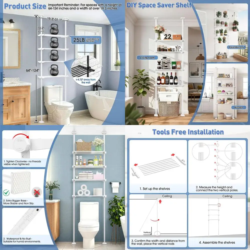 

Полка для хранения над унитазом, 4-х уровневый регулируемый органайзер для ванной комнаты над унитазом, натяжная полка для хранения в ванной комнате для потолка