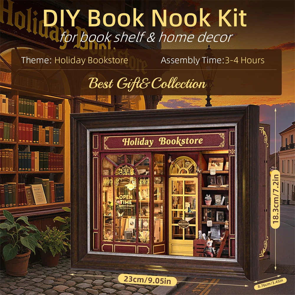 Book Nook Kit Holiday Bookstore DIY 3D Wooden Puzzle Dollhouse Photo Frame Ornament Model Bookend Building Home Decoration