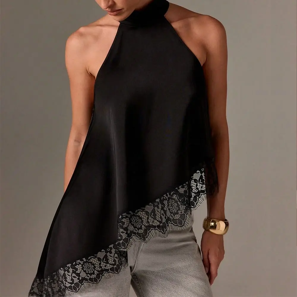 

New Vintage Lace Tanks Tops Sexy Sleeveless Women Loose Backless Chic Satin Halter Tops Female