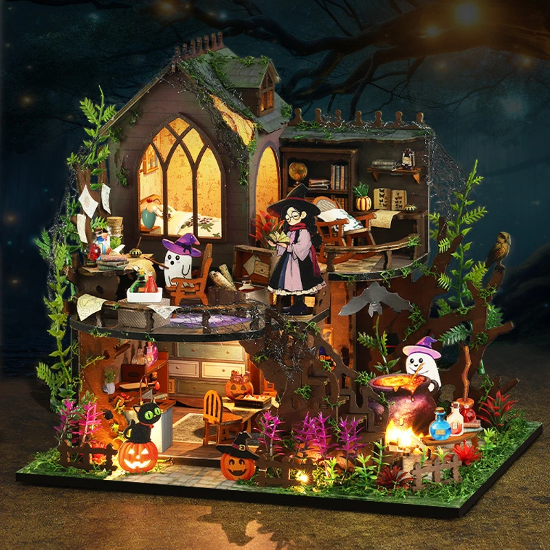 NEW Retro DIY Wooden Magic Cottage Casa Doll House Miniature Kits With Furniture LED Lights Home Decoration Adult Handmade Gifts