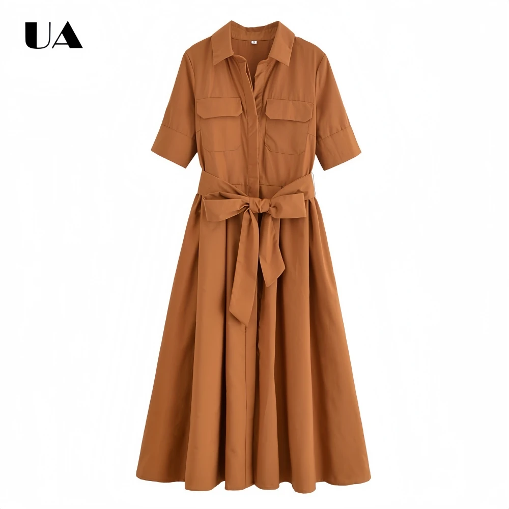 

ULBYANRY Fashionable Turn-down Collar Button Tie-Bow Long Dress Office Lady Short Sleeve Pocket Midi Dress Elegant Draped Dress