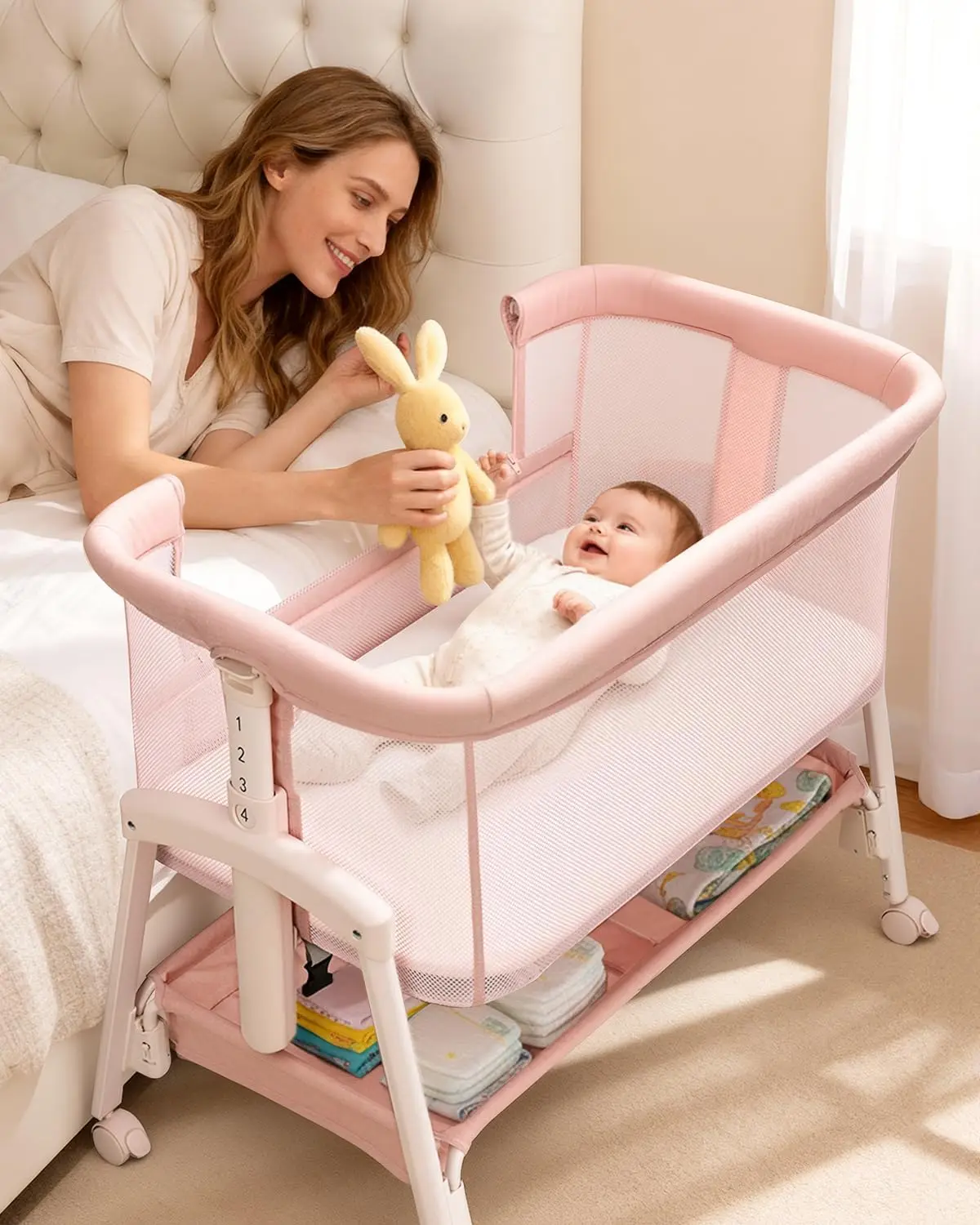 

3 in 1 Baby Bassinet with Wheels, Bedside Bassinet Sleeper for Newborn, Portable Baby Crib with 7 Adjustable Height & Large