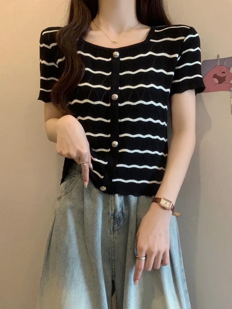 Slimming Stripe Ice Silk Short Sleeve T-Shirt Women's Summer Fashion Large Size Beautiful Korean Style Straight Cut Top