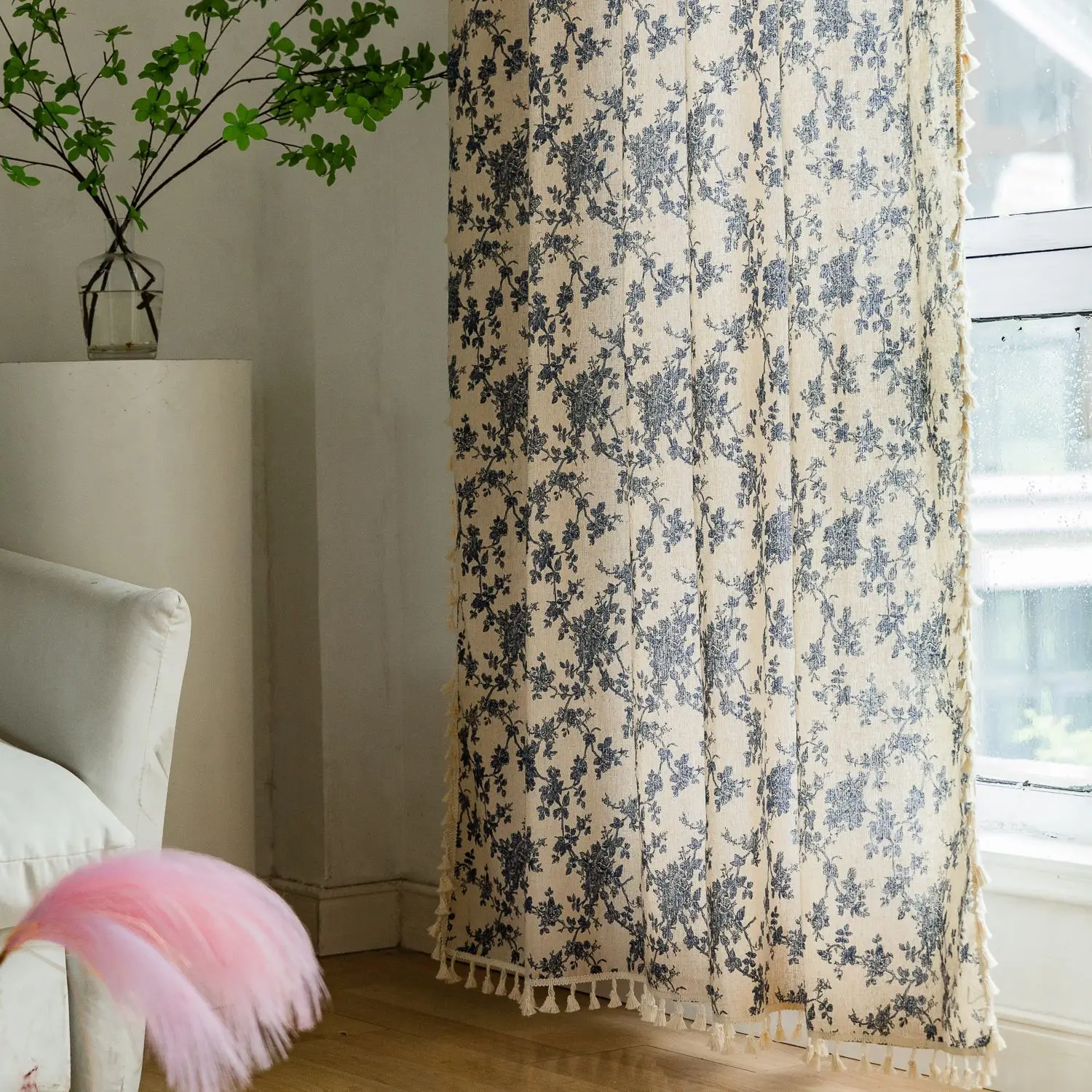 Vintage Semi-Blackout Windows Curtains for Bedroom Drapes in Living Room Country Floral Tassel Length Farmhouse Home Decoration