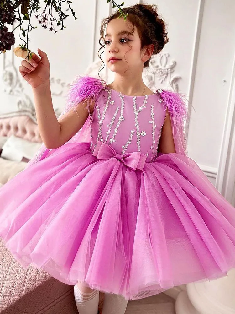 

Children's Dress 2024 Feather flower sequins Bow 1st birthday party baby Girl's Princess Dress for Girls Wedding Communion