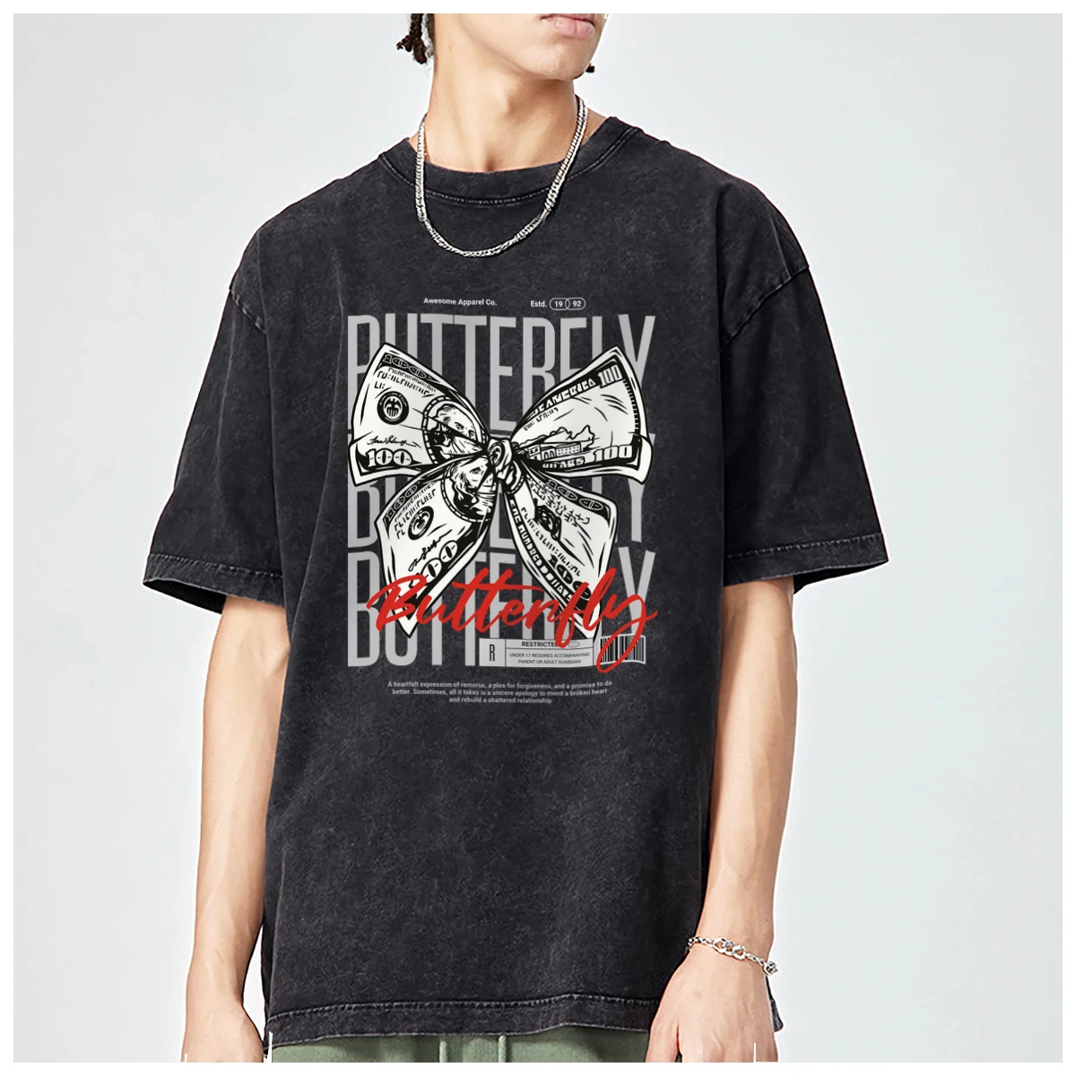 Butterfly Moth Korean Popular hiphop harajuku Oversized t shirt mens Womens Trendy Fashion Casual Vintage Washed Cotton Tops Y2k