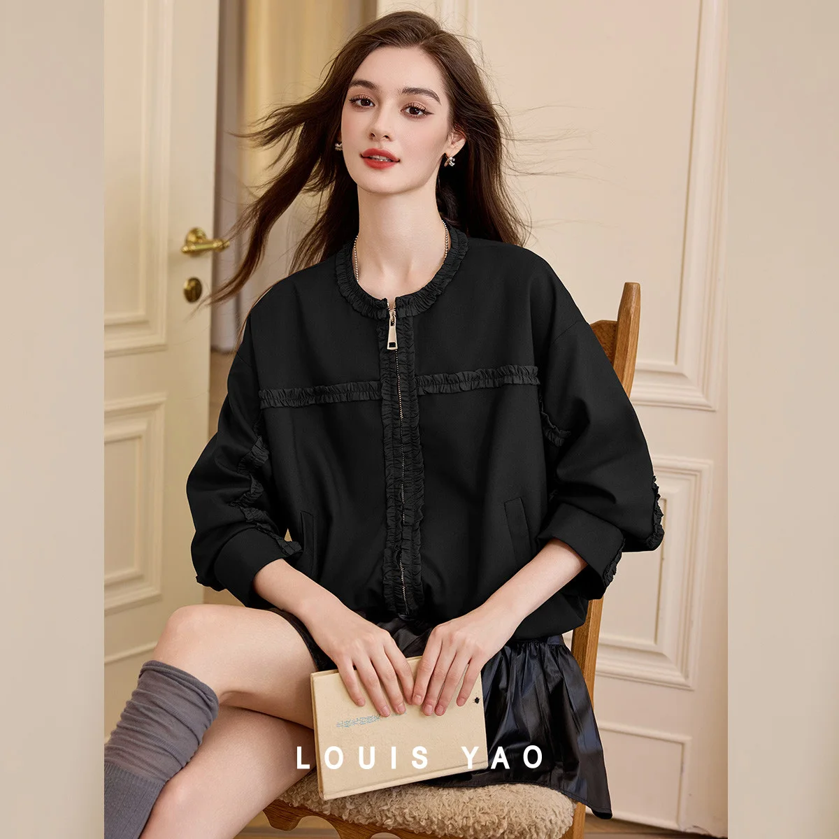 

LOUIS YAO Women's Color-Blocked Ruffled Jacket 2025 Autumn Casual Design Round Neck Jacket with Drop Shoulders Cardigan