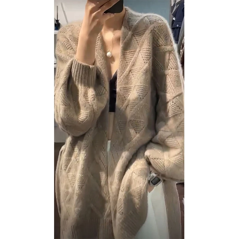 High-grade cashmere cardigan women's coat V-neck loose lazy Hong Kong wind long-sleeved knitted sweater
