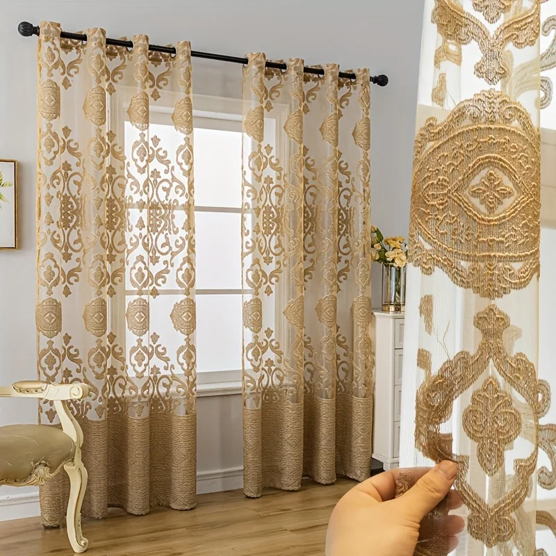 

2Panels Vintage Luxe Golden Jacquard Sheer Curtains Featuring Elegant Grommet-top Hanging, These Sheer Window Panels Blend Retro Charm With Modern Sophistication. Perfect For Living Rooms, Bedrooms, Or Balconies.