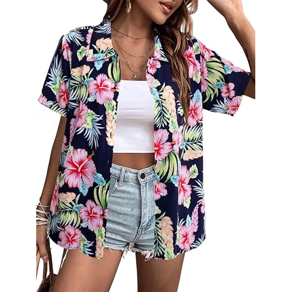 New Fashionable Short Sleeve Shirts For Women Hawaii Floral 3d Printed Basic Shirts Beach Resort Style Single Breasted Shirts