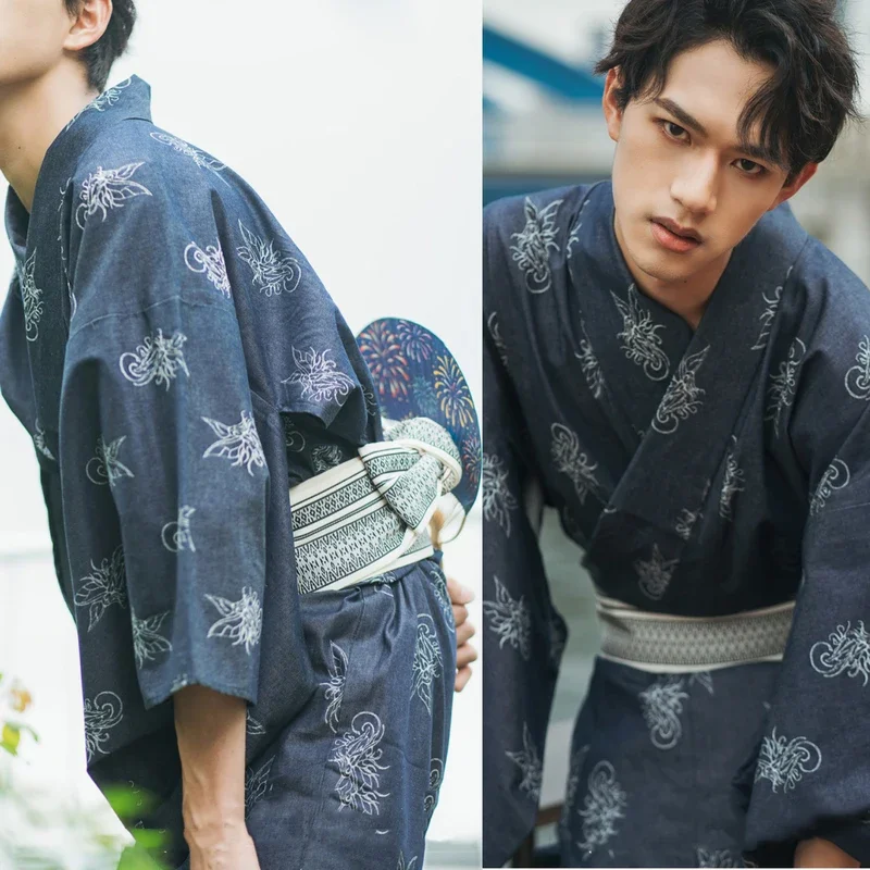 NEW Style Japanese Traditional Samurai Kimono For Man Yukata Bathing Robe Hekoobi Loose Style Sauna Homewear Belt Long Gown