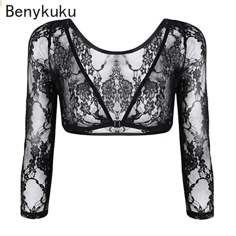 Sexy See-through Long Sleeve Cropped Jacket Floral Lace Vintage Womens Shrug Bolero Cardigan Slim Lace Women Coat Tops Clothes