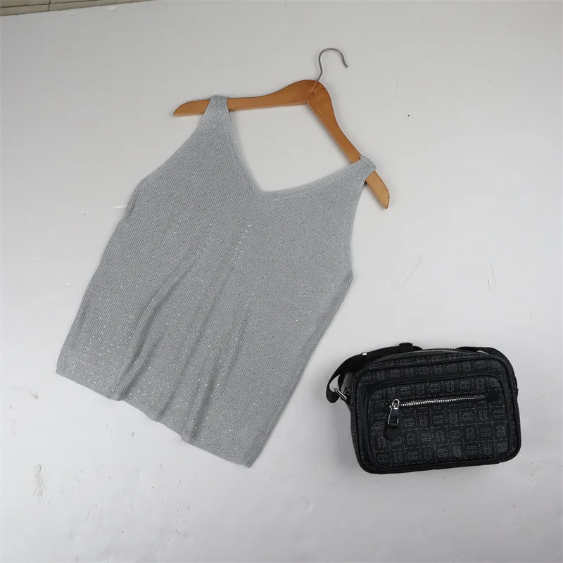 Gilet con scollo a V in maglia allentata alla moda con diamanti pieni per esterni ed interni estivi, con base alla moda