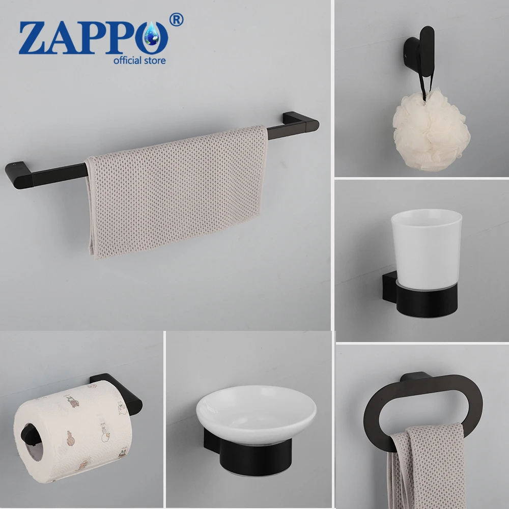 

ZAPPO SUS 304 Stainless Steel Matte Black Bathroom Accessories Bathroom Hardware Set Paper Holder Toothbrush Holder Towel Bar