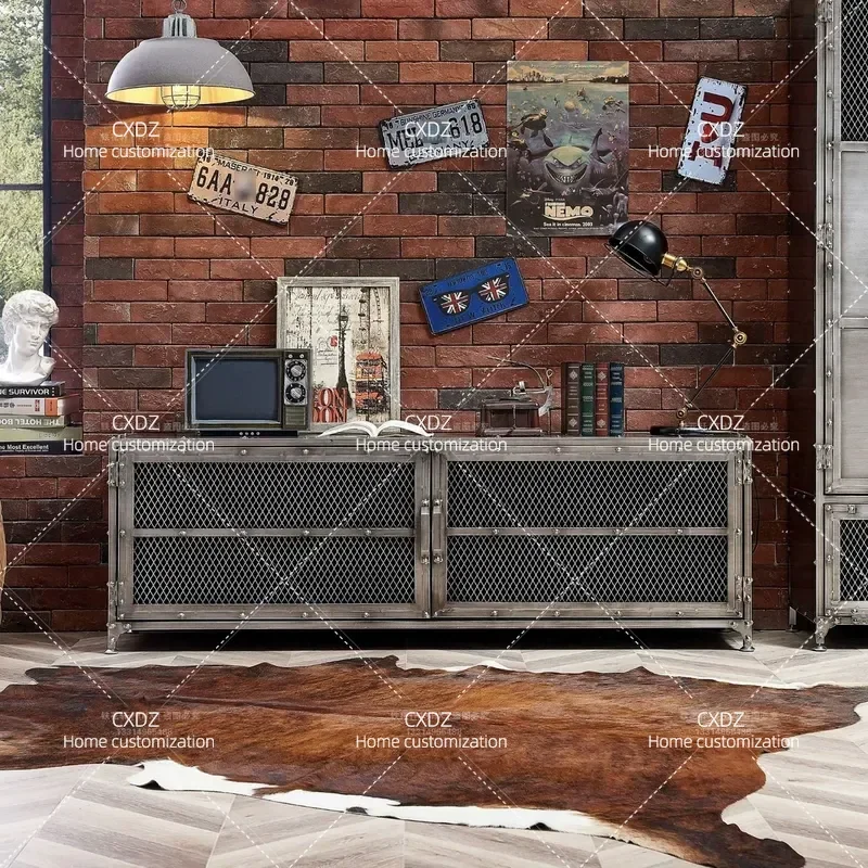 Industrial Wrought Iron TV Cabinet Low Console with Mesh Doors Retro American Style Floor Storage Locker Decorative Media