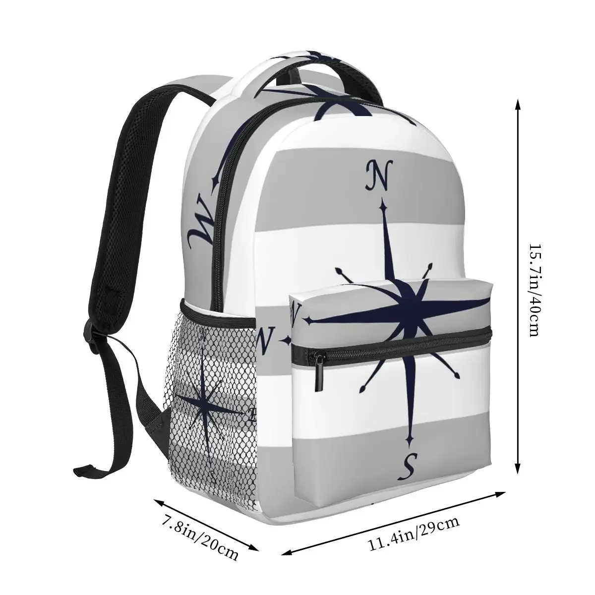 Nautical Navy Blue Compass On Silver Gray And White Stripes Backpacks Boys Bookbag Children School Bags Rucksack Shoulder Bag