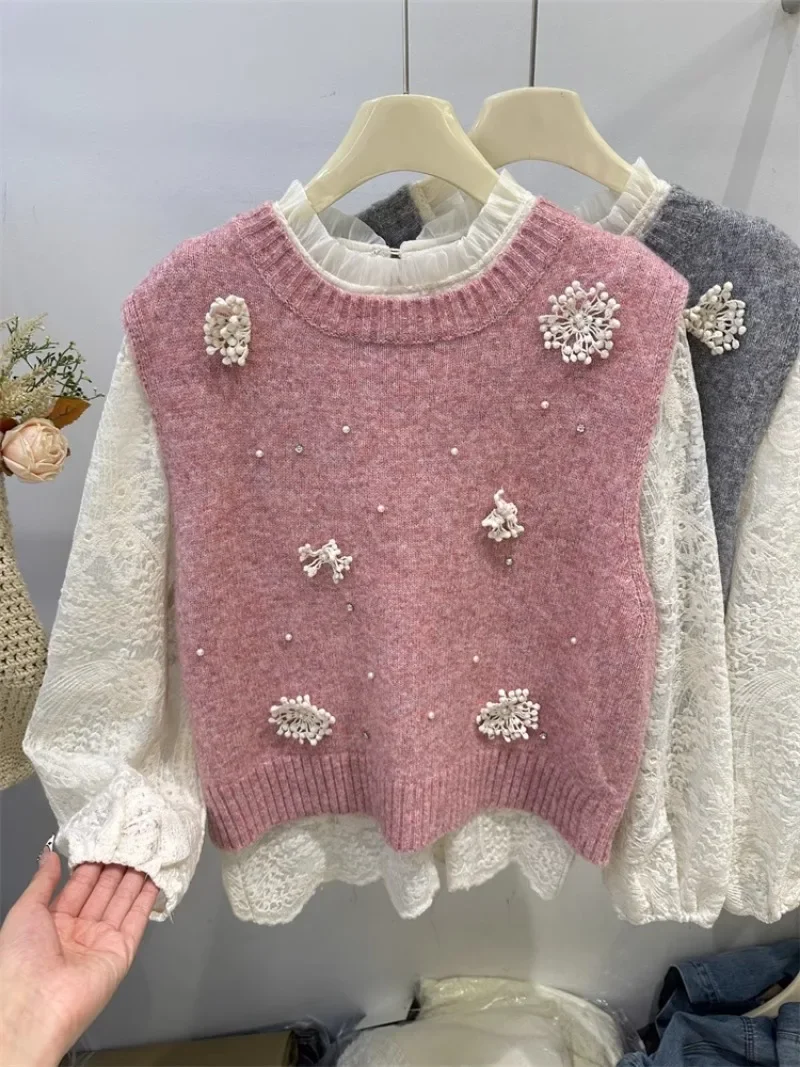 2024 Winter European Crew Neck Three-dimensional Flower Vest Sweater with Lace Shirt Two-piece Set Age Reduction Suit For Women