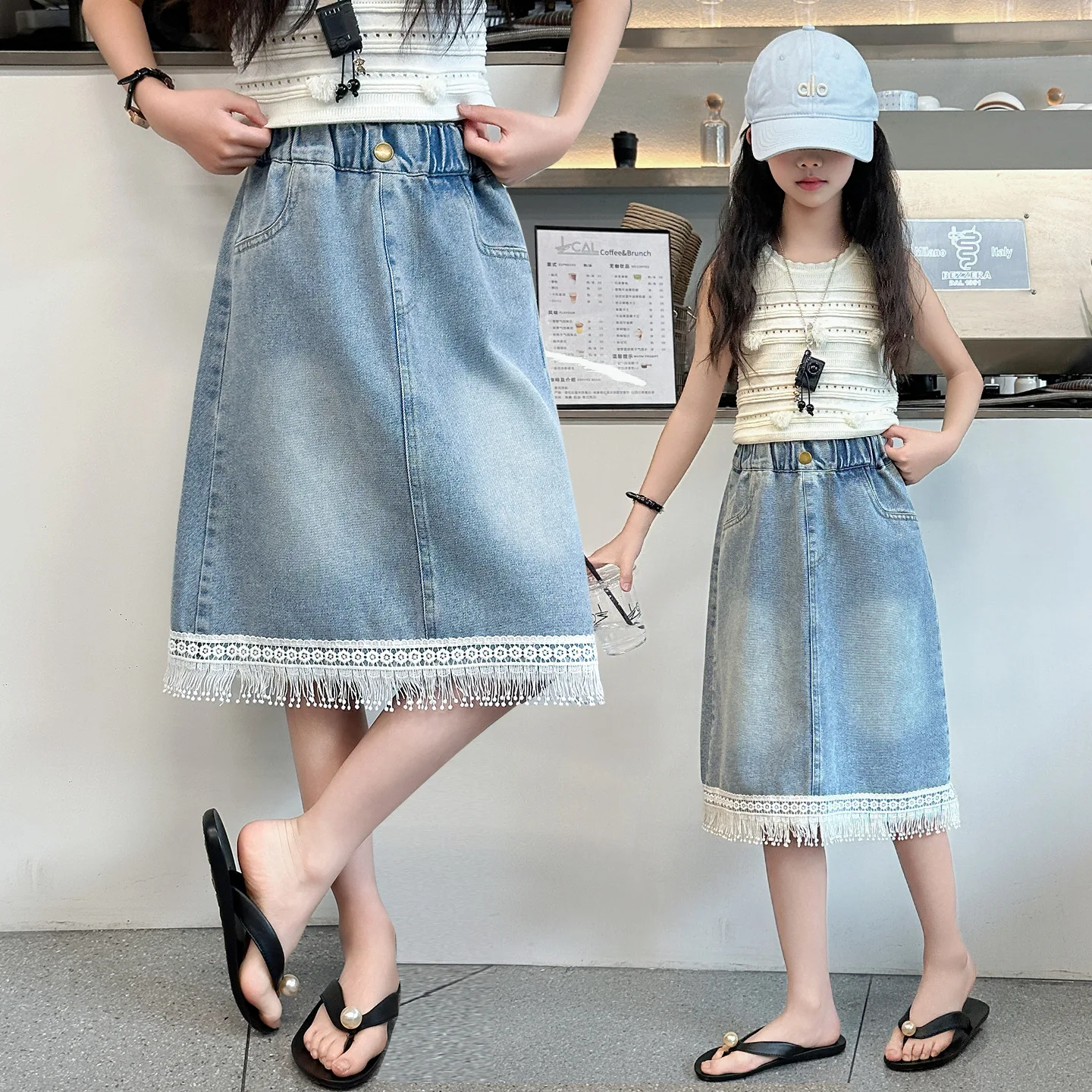 Girls' Denim Short Skirt Summer New Style Girls' Fashionable and Versatile Teens Children's Tassel Lace Denim Skirt Half Skirt