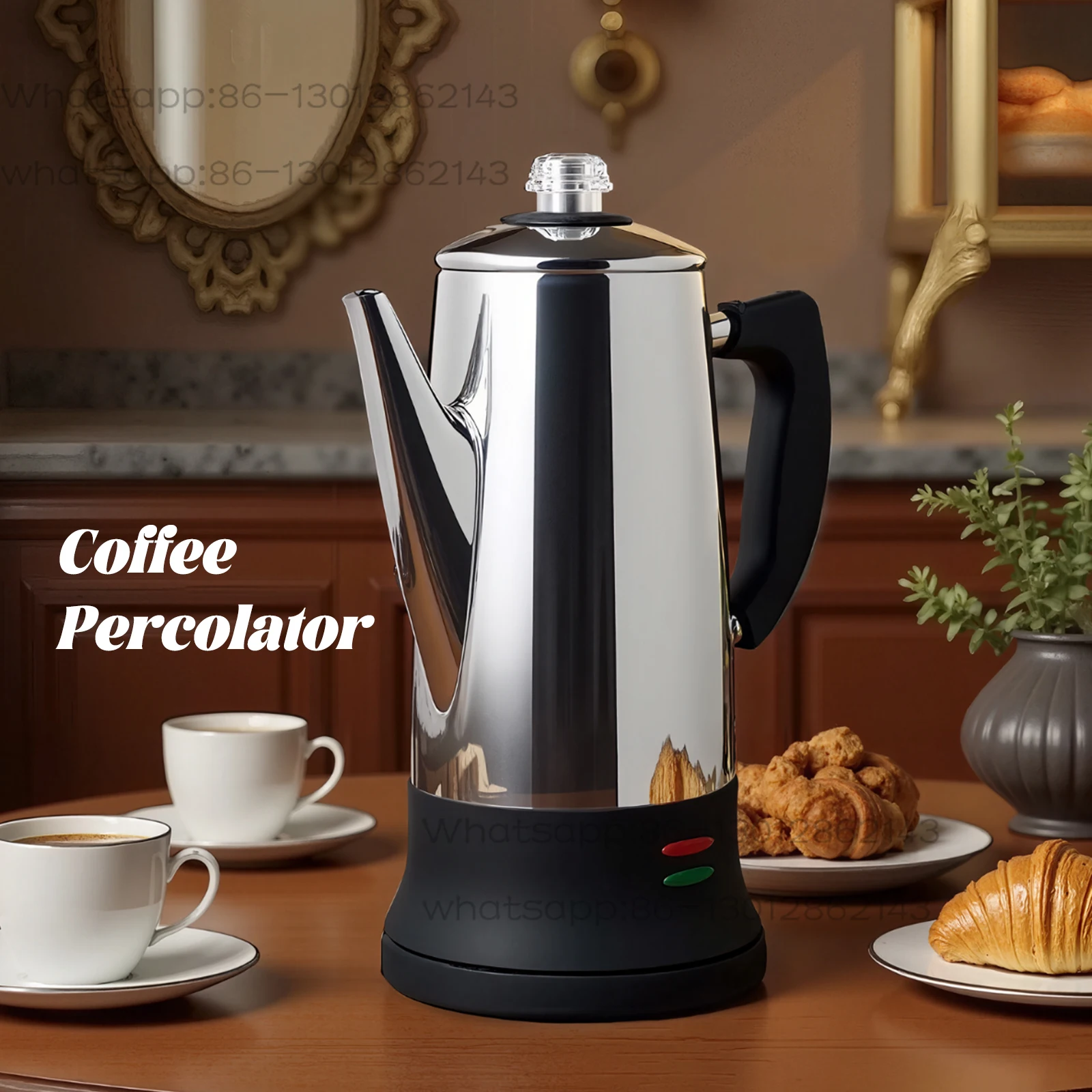 1.8L Electric Coffee Percolator 12 Cup Stainless Steel Coffee Pot with Keep Warm Function Reusable Filter Basket Coffee Maker