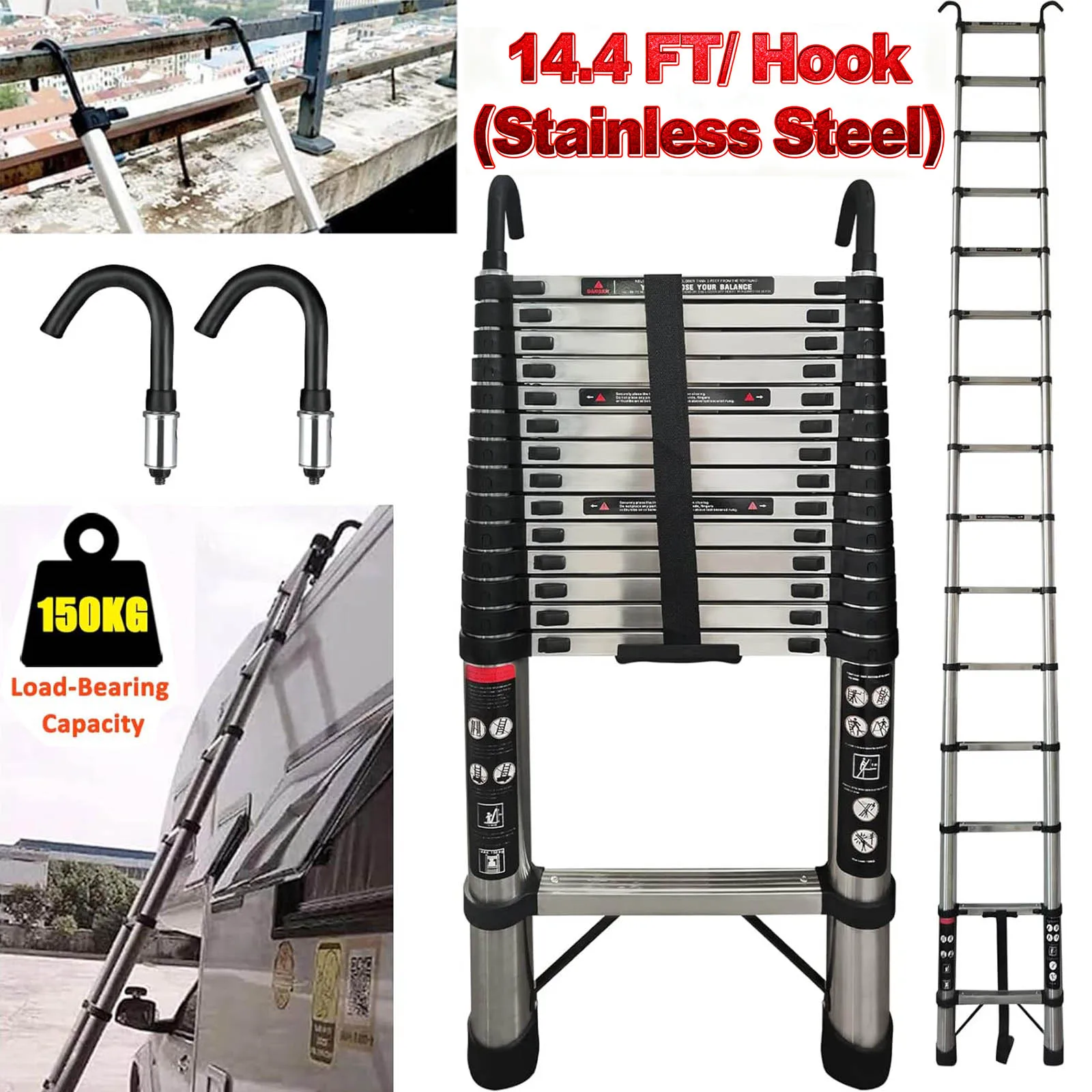 Échelle télescopique 4M/14.4FT en acier inoxydable avec crochets détachables, capacité maximale de 150KG, portable