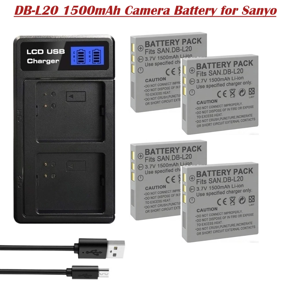 Batería Recargable para Cámara DB-L20 de 1500 mAh para Sanyo Xacti DMX-C1 C4 C5 C6 CA6 CA8 CA9 CG5 CG6 CG9 DSC-C4 C5 E6 J4 VPC-C1 C4 C40