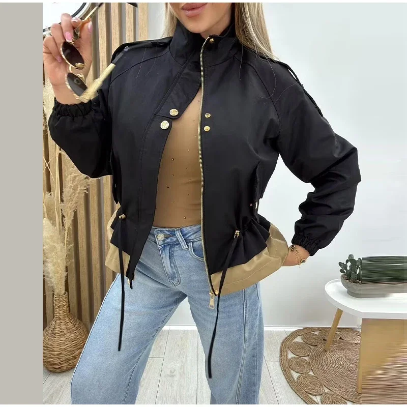Damen-Oversize-Mäntel mit Kordelzug in der Taille, Stehkragen, Epauletten, Langen Ärmeln, Knopfleiste, Lose Jacken, Schicke Neue Oberbekleidung für Damen – Detail 15