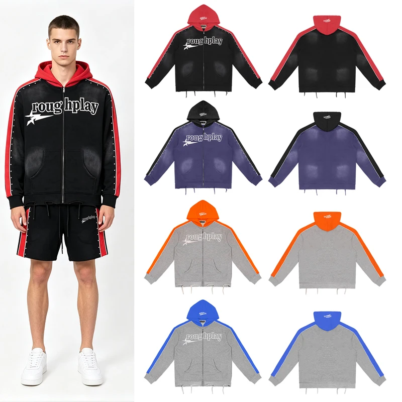 Vintage Trend Rough Play Hoodie High Quality Streetwear Splicing Color Rhinestone Ripped Hole Hooded Sweatshirt