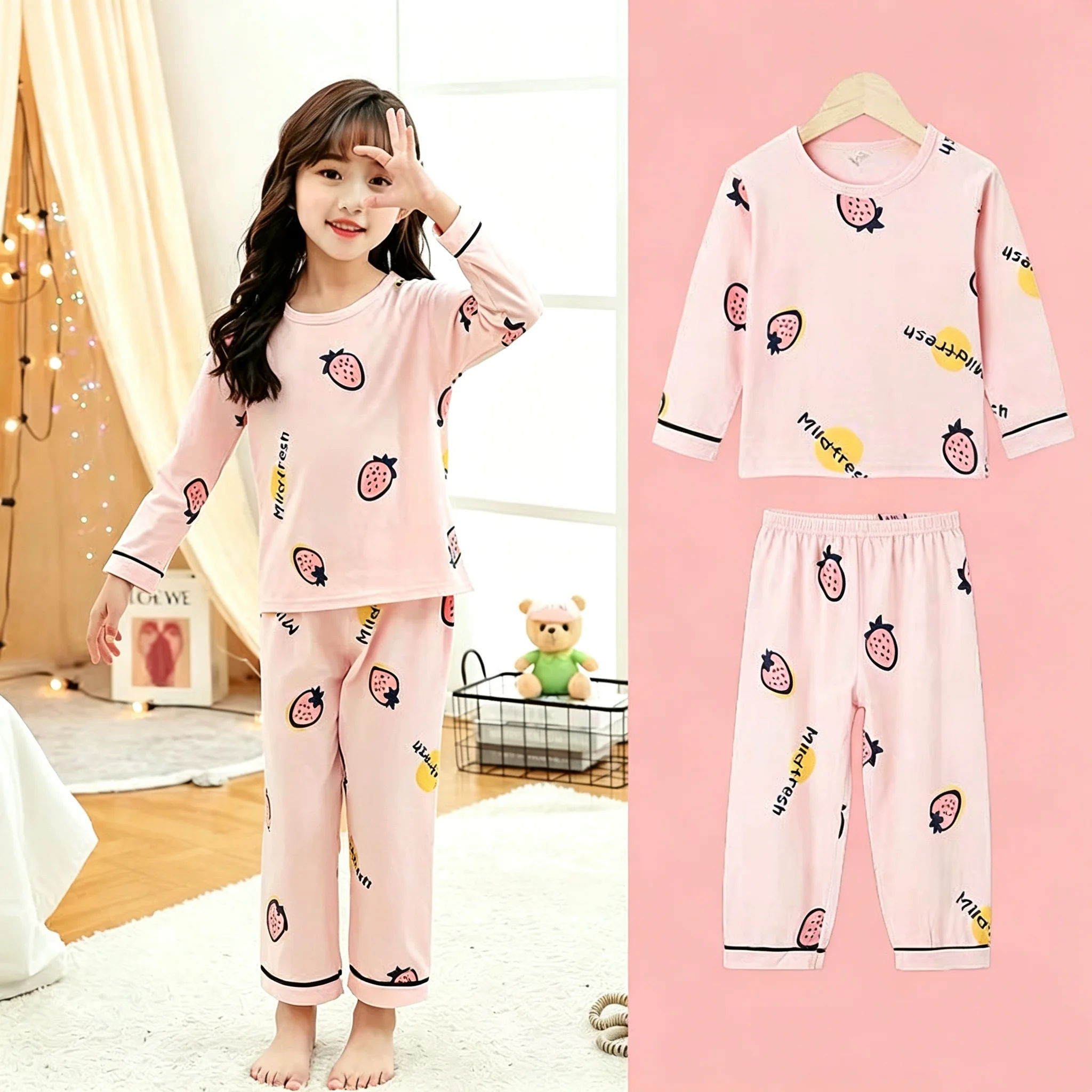 Children's Long-sleeved Girls' Summer Thin Cotton Pajamas A Set Baby Loungewear  Air-conditioning Clothes Spring Autumn Trousers