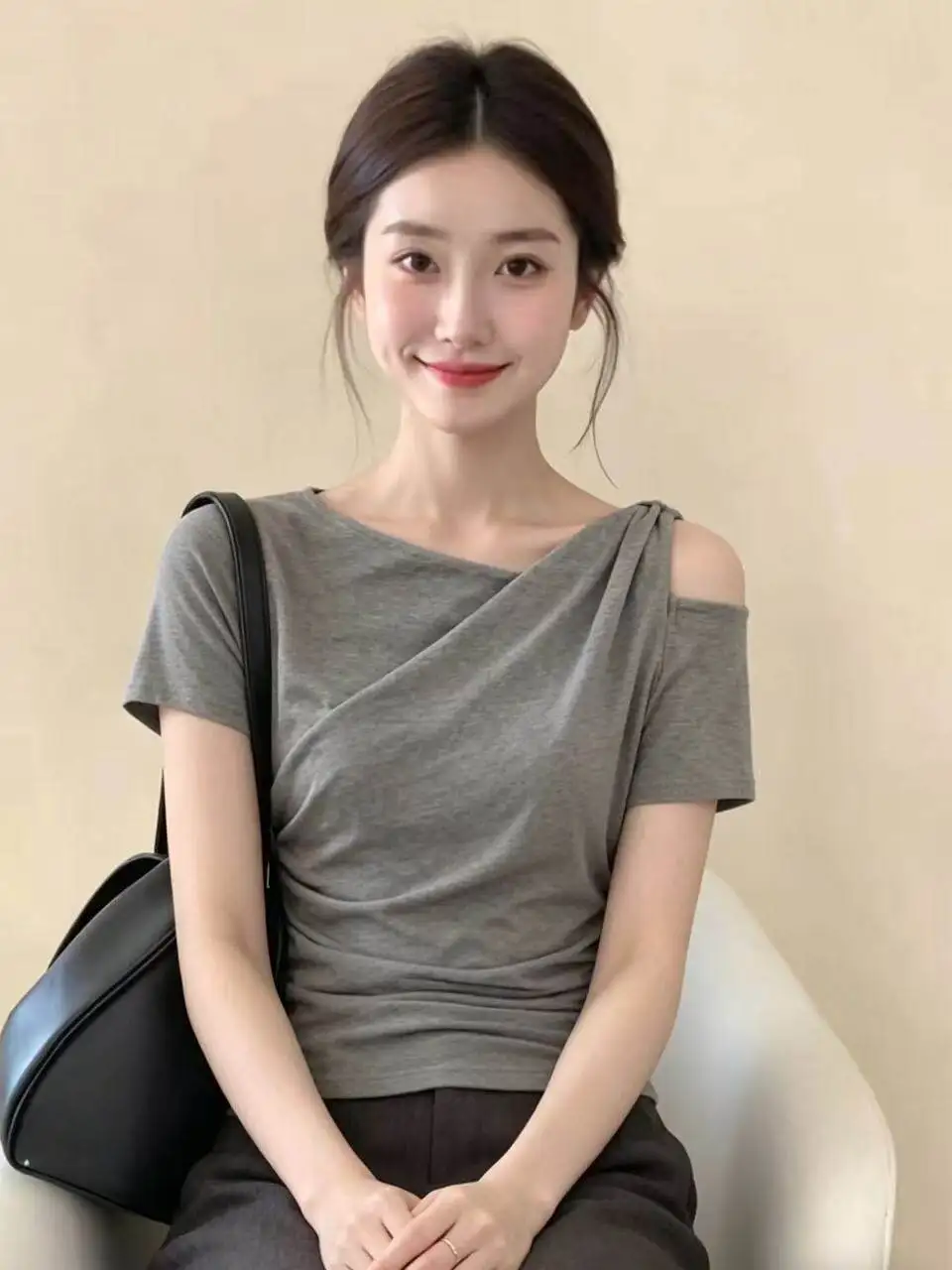 Korean Style Short Sleeve T-Shirt Women's Summer New plus Size Slimming Design Shoulder Bared Outerwear Top Casual Loose Fit