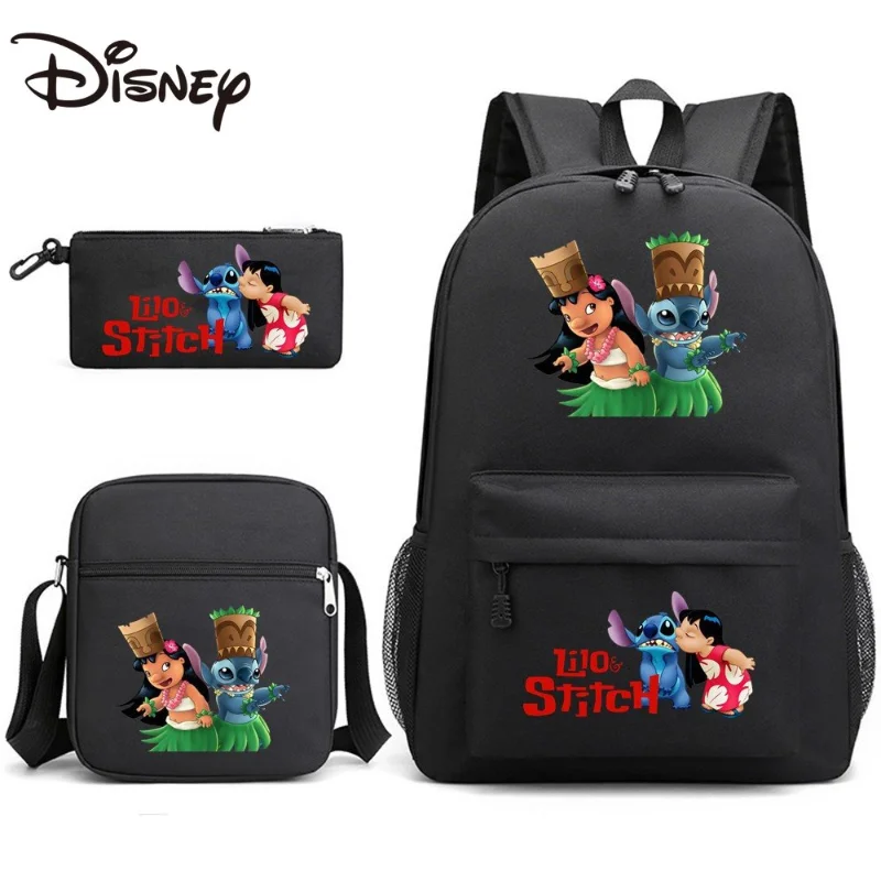 MINISO Disney Stitch Three-piece Schoolbag Cartoon Canvas Backpack Boys and Girls Students Leisure Bag Shoulder Bag Pencil Case