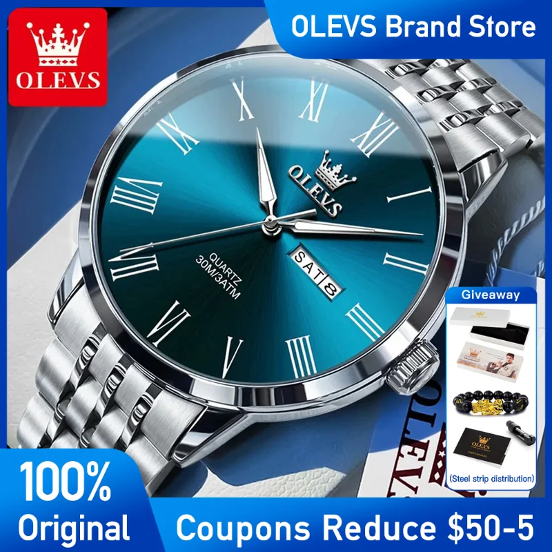 

OLEVS Men's Watch Original Business Brand Quartz Watch for Man Waterproof Luminous Stainless Steel Dual Calendar Display Reloj