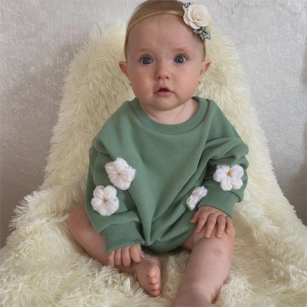 2024 Spring Baby Clothes Flowers Sweatshirt Romper Baby Girl Boys Long Sleeve Bodysuit Clothes Newborn 0-12 Months 24M Jumpsuit