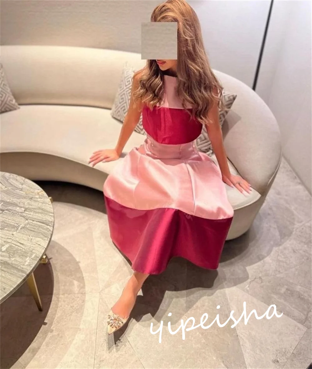 Jiayigong baile de formatura cetim drapeado quinceanera linha a gola alta vestido de ocasião sob medida vestidos midi