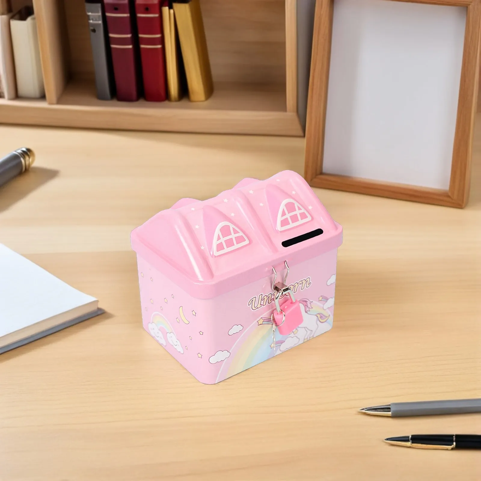 Kids Piggy Bank House Design Metal Coin Bank with Lock Cartoon Money Saving Jar for Toddlers Bedroom Living Room Decor