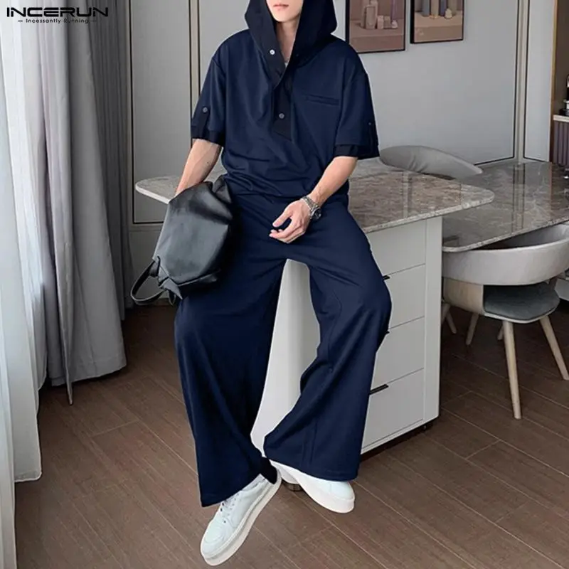 INCERUN مجموعات الرجال المرقعة اللون كتلة مقنعين قصيرة الأكمام بلوزات وسراويل قطعتين مجموعات الشارع الشهير فضفاض الرجال الدعاوى غير رسمية #4