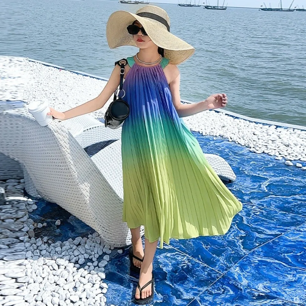 

Детская юбка без рукавов для пляжного отдыха, праздничное детское плиссированное платье принцессы на подтяжках, свободное платье градиентного цвета