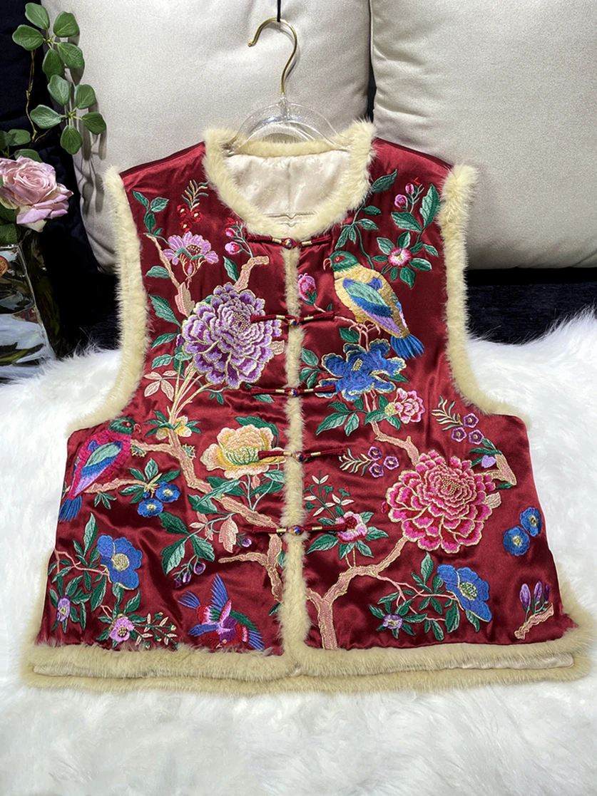 

Новая китайская жилетка в национальном стиле с тяжелой вышивкой, с мехом водяного кролика, утепленная хлопком, для любителей животных 【Счастливые на ветке】