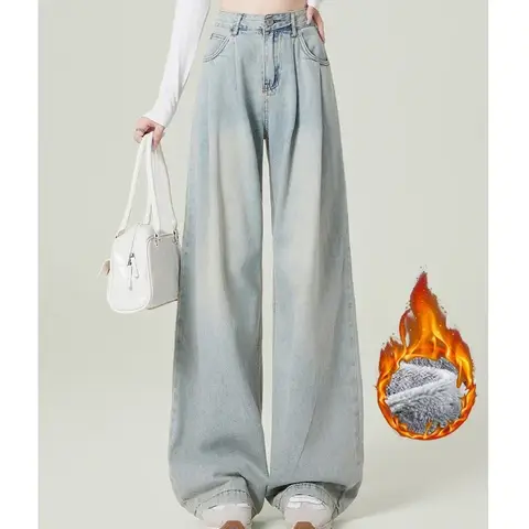 Donna Vita alta Moda Jeans termici a gamba larga Donna Y2k Abbigliamento Pantaloni larghi Ragazza Inverno Neve Caldo Pantaloni in denim caffè kaki