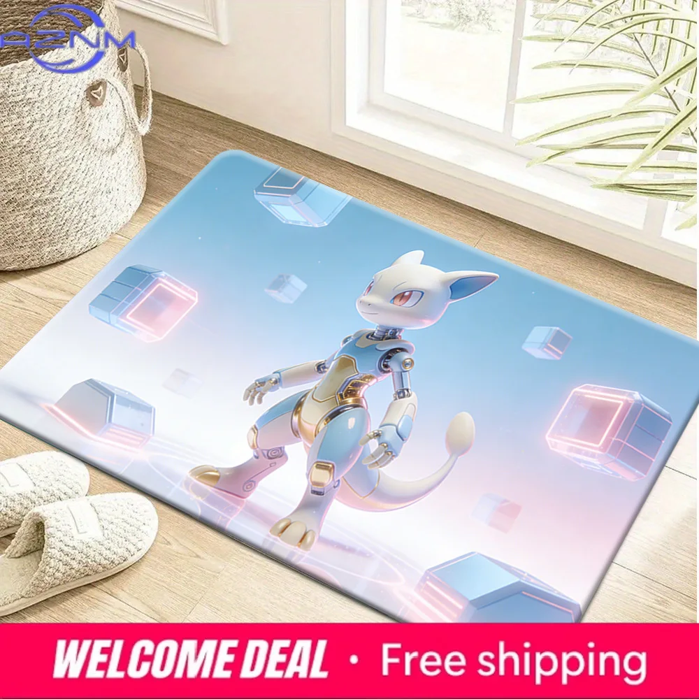 Futuristic Mechanical Mewtwo with Neon Cubes Print Non-slip Doormat, Soft Absorbent Floor Rug for Home Decor