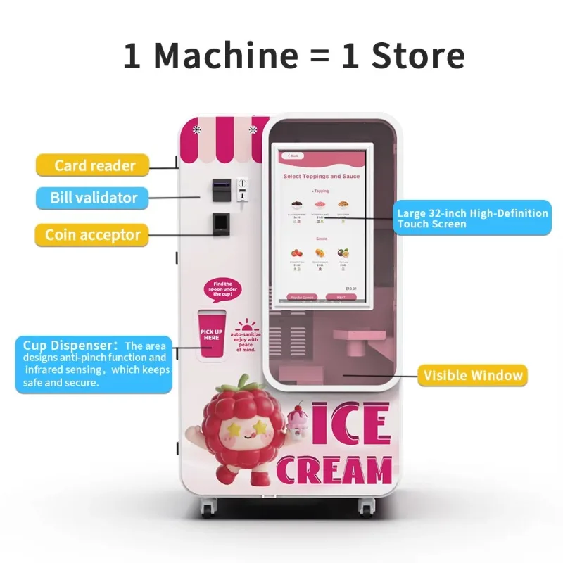 Máquina Expendedora de Helados Inteligente Personalizada, Automática, Compatible con Monedas y Tarjetas de Crédito, Múltiples Opciones, Centro Comercial