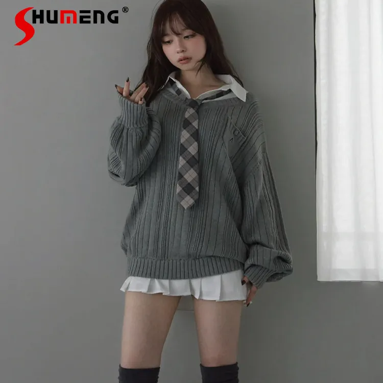 

Japanese Sweet Preppy Style Polo Collar Long Sleeve Shirt Loose versatile casual V-Neck Knitted Pullover Two Piece Set for Women