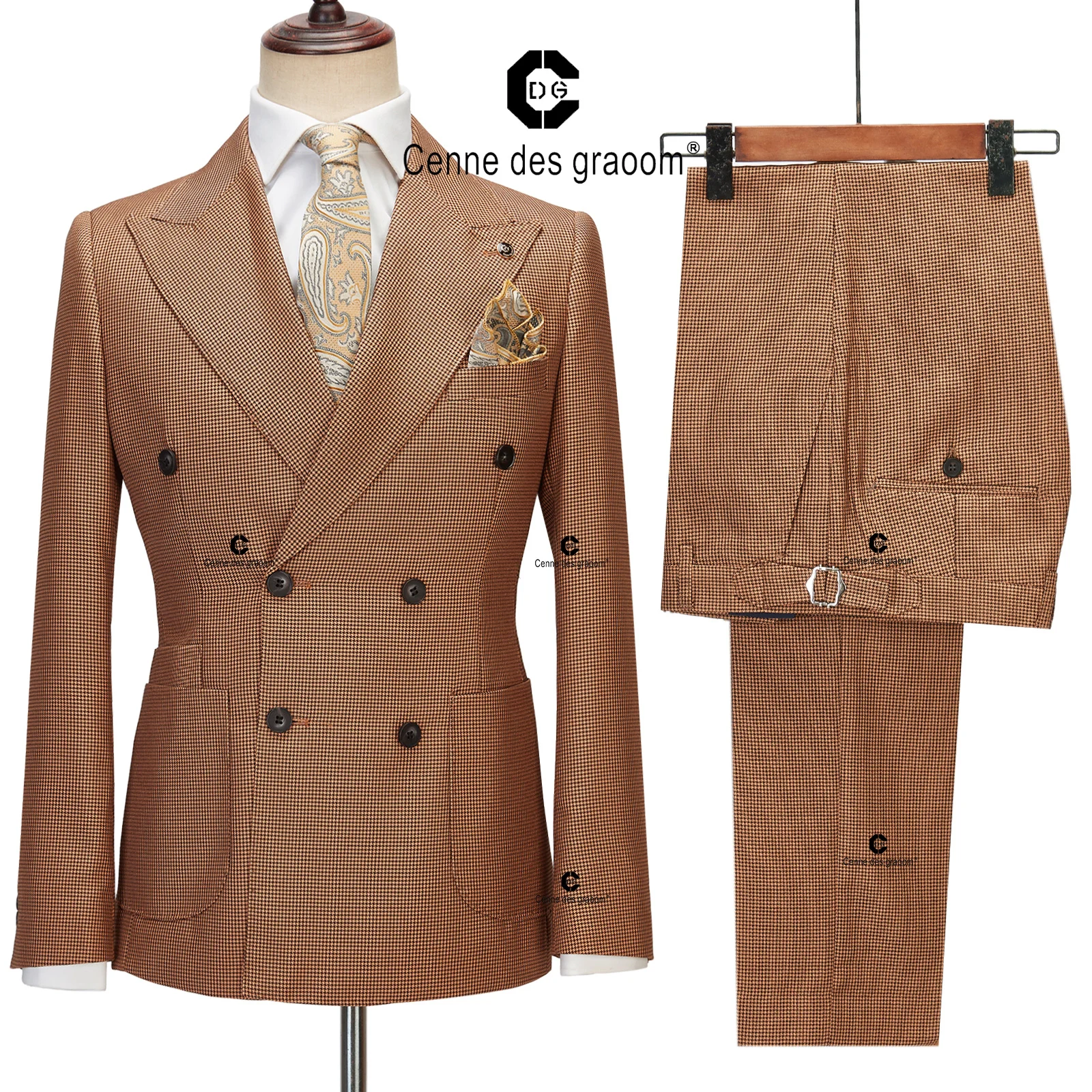 Cenne Des Graoom Full Men's Suit Vintage Houndstooth Pattern Double-Breasted 6 Button Vintage Jacket and Trousers 2 Pcs Set