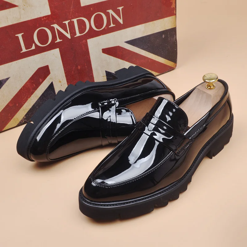 men\'s fashion wedding party dress patent leather shoes slip-on lazy shoe black trend platform loafers gentleman sneakers zapatos