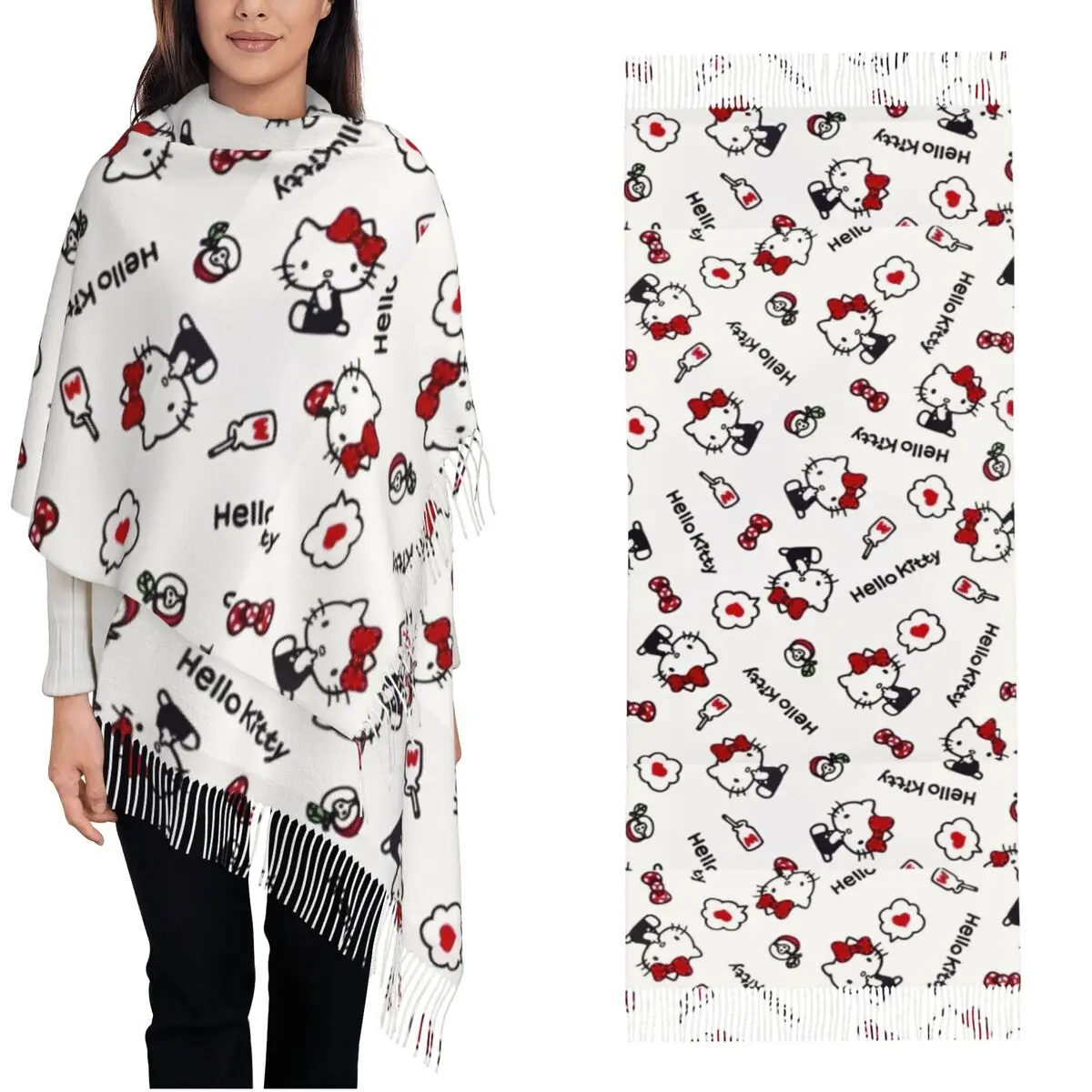 Women's Scarf with Tassel Hello Kitty Say Love Long Winter Fall Shawl Wrap Cartoon Cute Gifts Cashmere Scarf