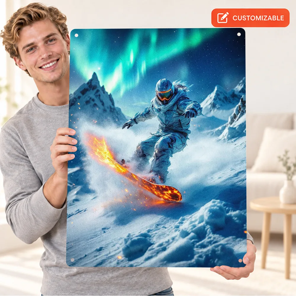 Snowboarder With Fire And Aurora Aluminum Poster Personalized Aluminum Metal Sign Fantasy Illustration Wall Art For Man Cave